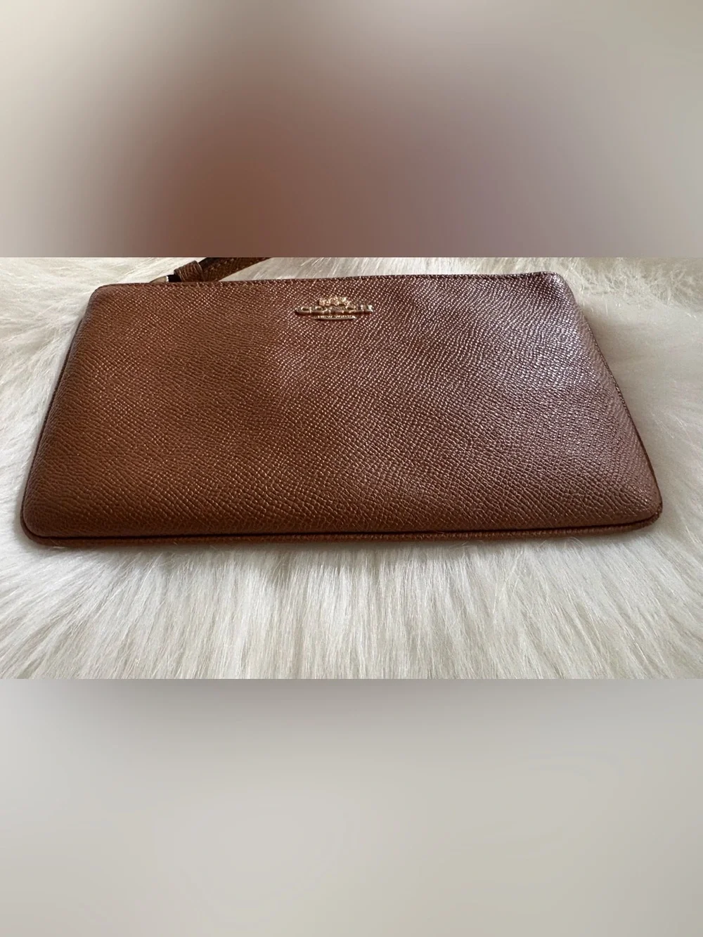 Coach Brown Textured Leather Wristlet with Gold Logo